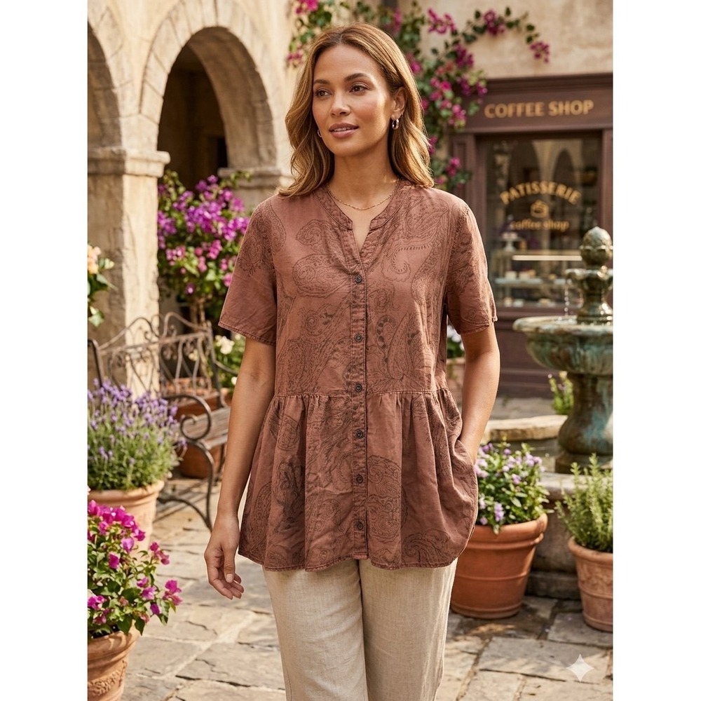 RWN by Rawan Terracotta Paisley Tencel Peplum Tunic Top Brown 1X Oatmeal core